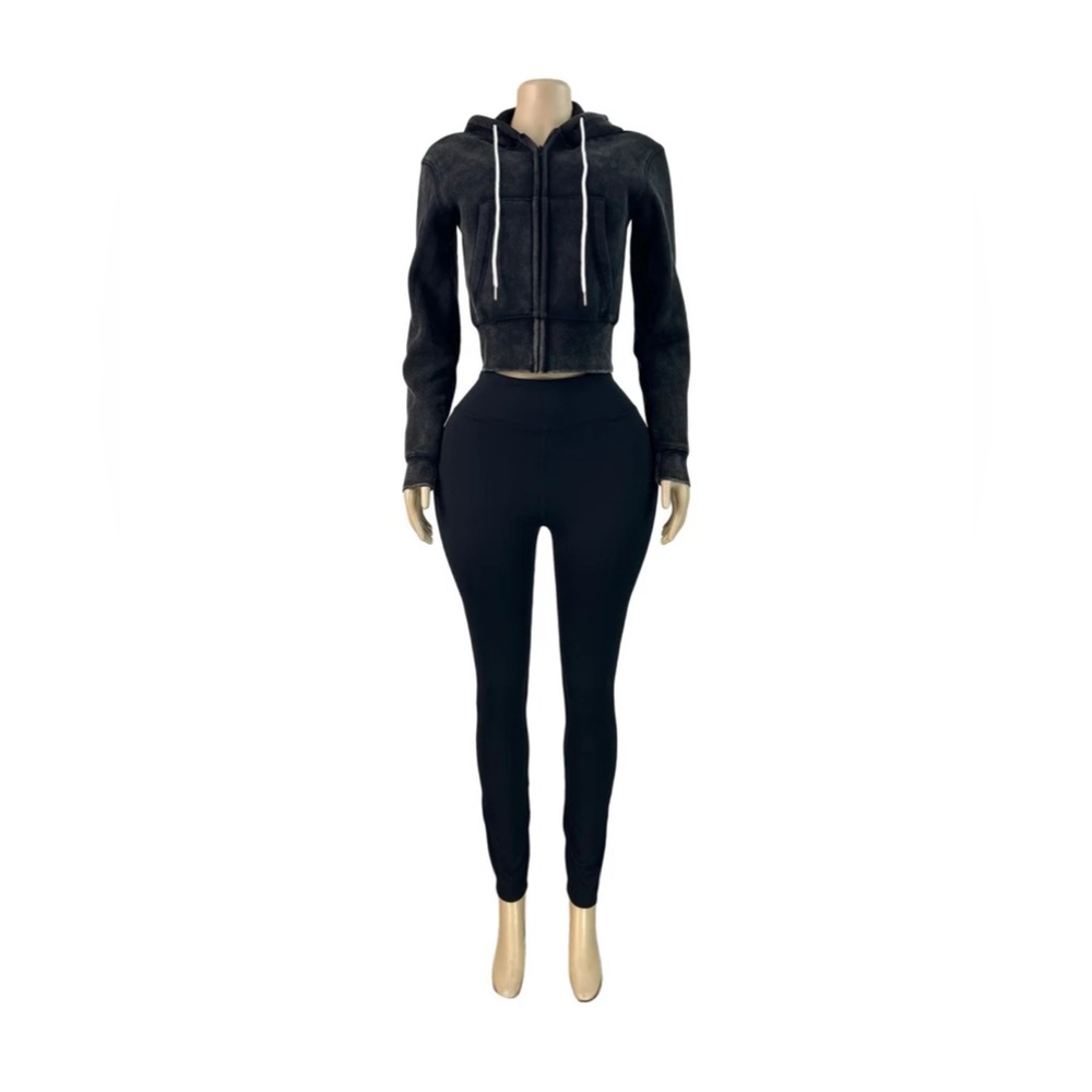 Crop hoodie set (Black) - Picture 5 of 7